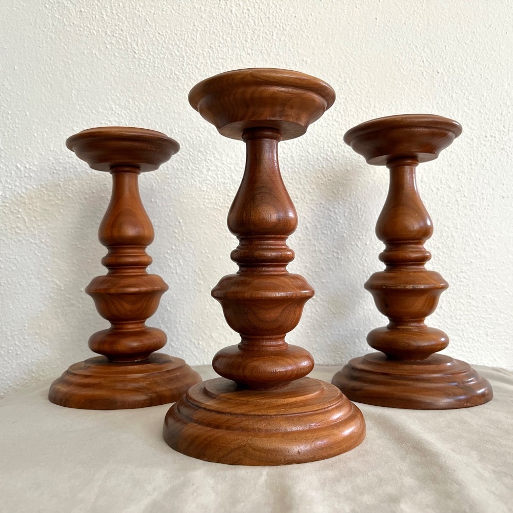Set of 3 Vintage 70s Danish Modern Turned Wood Candlesticks Pillar Candle Holder
